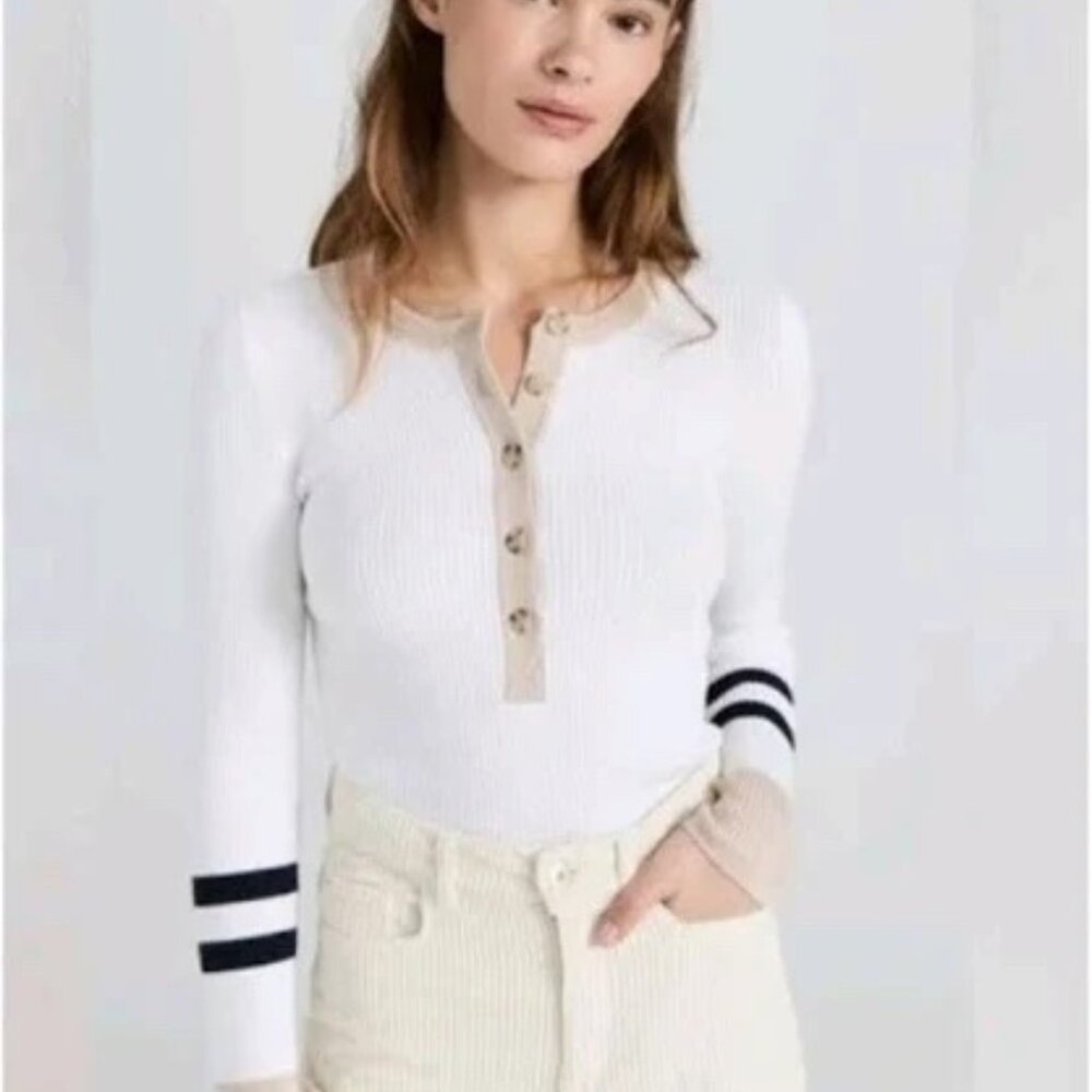 Faherty White Ribbed Henley Top with Navy Stripes